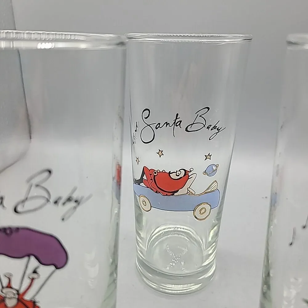 Set (4) Pottery Barn Highball Drinking Glasses  Christmas “Santa Baby” New